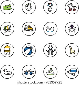 line vector icon set - crocodile vector, beanbag, wheel horse, xylophone, excavator toy, baby car, ufo, block house, beach ball, robot, giraffe, duck, boat, water gun