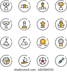 line vector icon set - cup vector, pedestal, winner, win, gold, pawn, award, arrows up, mountain, medal, volleyball, windsurfing, soccer ball, dart