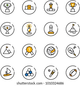 line vector icon set - cup vector, pedestal, winner, win, gold, award, pawn, mountain, medal, volleyball, badminton, windsurfing, billiards balls, baseball bat, football