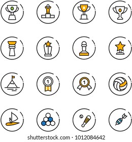 line vector icon set - cup vector, winner, win, gold, award, pawn, mountain, medal, volleyball, windsurfing, billiards balls, baseball bat, dart