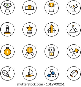 line vector icon set - cup vector, pedestal, win, gold, pawn, award, arrows up, mountain, medal, flags cross, badminton, windsurfing, billiards balls, football