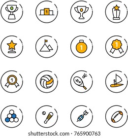 line vector icon set - cup vector, pedestal, gold, award, mountain, medal, volleyball, badminton, windsurfing, billiards balls, baseball bat, dart, football