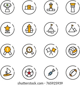 line vector icon set - cup vector, pedestal, winner, award, arrows up, mountain, gold medal, flags cross, volleyball, windsurfing, soccer ball, dart, football