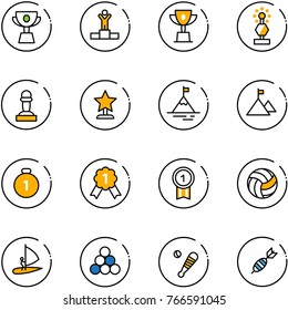 line vector icon set - cup vector, winner, win, award, pawn, mountain, gold medal, volleyball, windsurfing, billiards balls, baseball bat, dart