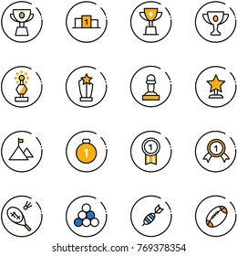 line vector icon set - cup vector, pedestal, win, gold, award, pawn, mountain, medal, badminton, billiards balls, dart, football