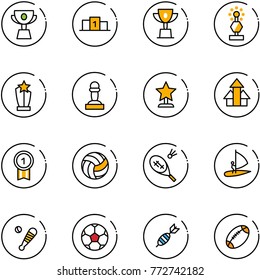 line vector icon set - cup vector, pedestal, win, award, pawn, arrows up, gold medal, volleyball, badminton, windsurfing, baseball bat, soccer ball, dart, football