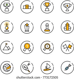 line vector icon set - cup vector, pedestal, win, gold, award, pawn, arrows up, mountain, medal, flags cross, volleyball, badminton, windsurfing, dart