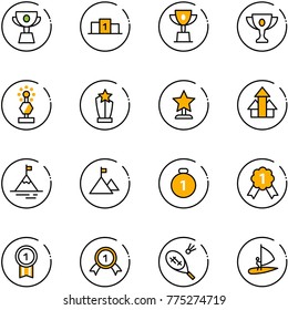 line vector icon set - cup vector, pedestal, win, gold, award, arrows up, mountain, medal, badminton, windsurfing