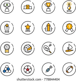 line vector icon set - cup vector, pedestal, win, award, arrows up, gold medal, volleyball, badminton, windsurfing, billiards balls, soccer ball, dart, football