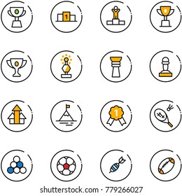 line vector icon set - cup vector, pedestal, winner, win, gold, award, pawn, arrows up, mountain, medal, badminton, billiards balls, soccer ball, dart, football