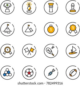 line vector icon set - cup vector, award, pawn, mountain, gold medal, flags cross, badminton, windsurfing, billiards balls, soccer ball, dart, football