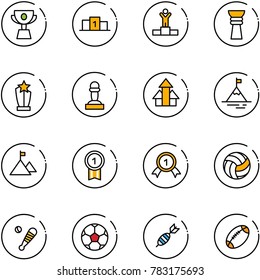 line vector icon set - cup vector, pedestal, winner, award, pawn, arrows up, mountain, gold medal, volleyball, baseball bat, soccer ball, dart, football