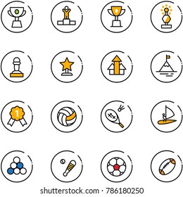 line vector icon set - cup vector, winner, win, award, pawn, arrows up, mountain, gold medal, volleyball, badminton, windsurfing, billiards balls, baseball bat, soccer ball, football