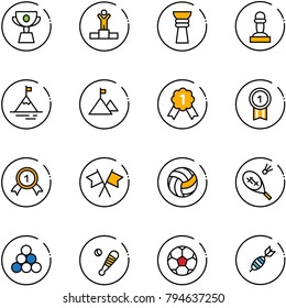 line vector icon set - cup vector, winner, award, pawn, mountain, gold medal, flags cross, volleyball, badminton, billiards balls, baseball bat, soccer ball, dart