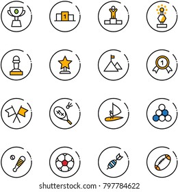 line vector icon set - cup vector, pedestal, winner, award, pawn, mountain, gold medal, flags cross, badminton, windsurfing, billiards balls, baseball bat, soccer ball, dart, football