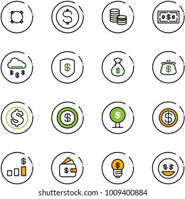 line vector icon set - currency vector, dollar coin, money rain, safe, bag, purse, tree, chart, finance management, business idea, smile