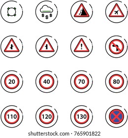 line vector icon set - currency vector, money rain, landslide road sign, airport, intersection, attention, no left turn, speed limit 20, 40, 70, 80, 110, 120, 130, stop