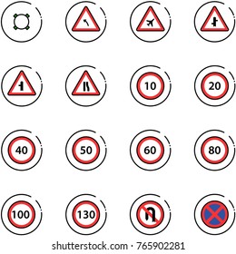 line vector icon set - currency vector, turn left road sign, airport, intersection, narrows, speed limit 10, 20, 40, 50, 60, 80, 100, 130, no back, stop