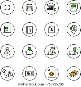 line vector icon set - currency vector, coin, account, atm, statement, dollar pin, money bag, piggy bank, investment, cash pay, check, certificate
