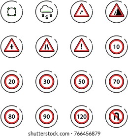 line vector icon set - currency vector, money rain, turn right road sign, landslide, intersection, narrows, attention, speed limit 10, 20, 30, 50, 70, 80, 90, 120, no back