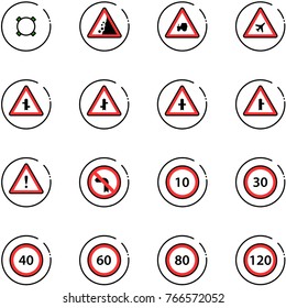 line vector icon set - currency vector, landslide road sign, tractor way, airport, intersection, attention, no left turn, speed limit 10, 30, 40, 60, 80, 120