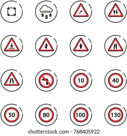 line vector icon set - currency vector, money rain, turn right road sign, oncoming traffic, pedestrian, intersection, narrows, no left, speed limit 10, 40, 50, 80, 100, 130