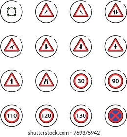 line vector icon set - currency vector, turn right road sign, left, oncoming traffic, airport, intersection, narrows, speed limit 30, 90, 110, 120, 130, no stop