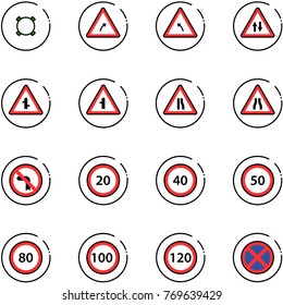 line vector icon set - currency vector, turn right road sign, left, oncoming traffic, intersection, narrows, no, speed limit 20, 40, 50, 80, 100, 120, stop
