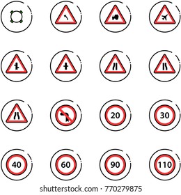 line vector icon set - currency vector, turn left road sign, tractor way, airport, intersection, narrows, no, speed limit 20, 30, 40, 60, 90, 110
