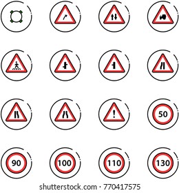line vector icon set - currency vector, turn right road sign, oncoming traffic, tractor way, pedestrian, intersection, narrows, attention, speed limit 50, 90, 100, 110, 130