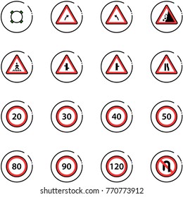 line vector icon set - currency vector, turn right road sign, left, landslide, pedestrian, intersection, narrows, speed limit 20, 30, 40, 50, 80, 90, 120, no back