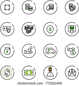 line vector icon set - currency vector, coin, cash, big, safe, atm, money bag, pay, encashment car, dollar, mail