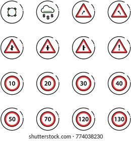 line vector icon set - currency vector, money rain, turn right road sign, left, intersection, attention, speed limit 10, 20, 30, 40, 50, 70, 120, 130