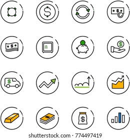 line vector icon set - currency vector, dollar coin, exchange, cash, safe, piggy bank, investment, encashment car, growth arrow, gold, money bag, chart