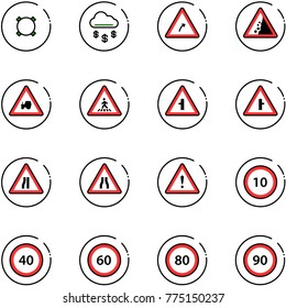 line vector icon set - currency vector, money rain, turn right road sign, landslide, tractor way, pedestrian, intersection, narrows, attention, speed limit 10, 40, 60, 80, 90