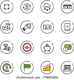 line vector icon set - currency vector, dollar exchange, money rain, cash, investment, pay, check, mobile payment, account history, tax peage road sign, piggy bank, wallet time, reload, ipo, growth
