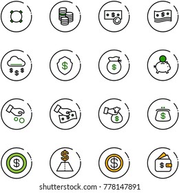 line vector icon set - currency vector, coin, cash, money rain, safe, bag, piggy bank, investment, pay, encashment, purse, dollar, finance management