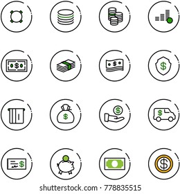 line vector icon set - currency vector, coin, dollar, cash, safe, atm, money bag, investment, encashment car, check, piggy bank