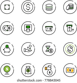 line vector icon set - currency vector, dollar coin, euro, atm, receipt, piggy bank, cash pay, account history, money tree, bag, rich