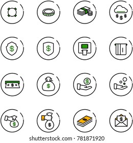 line vector icon set - currency vector, coin, cash, money rain, safe, atm, bag, investment, pay, encashment, rich, dollar, mail