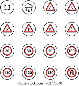 line vector icon set - currency vector, money rain, turn right road sign, left, airport, intersection, narrows, attention, speed limit 20, 30, 50, 100, 110, 120, 130, no back