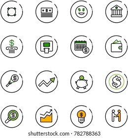 line vector icon set - currency vector, dollar, smile, bank, atm, calendar, wallet, money torch, growth arrow, piggy, search, business idea, agreement