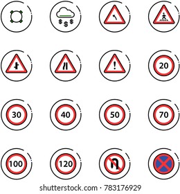 line vector icon set - currency vector, money rain, turn left road sign, pedestrian, intersection, narrows, attention, speed limit 20, 30, 40, 50, 70, 100, 120, no back, stop