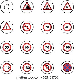 line vector icon set - currency vector, landslide road sign, pedestrian, airport, intersection, no left turn, speed limit 20, 40, 50, 60, 70, 100, 110, 130, back, stop
