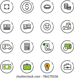line vector icon set - currency vector, dollar coin, cash, smile, investment, encashment car, calculator, account history, wallet time, money, case, business idea