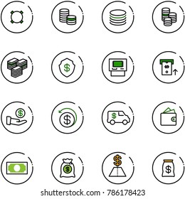 line vector icon set - currency vector, coin, big cash, safe, atm, investment, money back, encashment car, wallet, bag, dollar