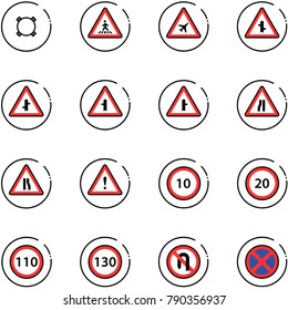 line vector icon set - currency vector, pedestrian road sign, airport, intersection, narrows, attention, speed limit 10, 20, 110, 130, no turn back, stop