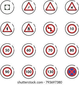 line vector icon set - currency vector, turn right road sign, left, airport, intersection, narrows, no, speed limit 10, 50, 60, 70, 80, 90, 100, 130, stop