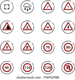 line vector icon set - currency vector, money rain, turn right road sign, left, landslide, pedestrian, airport, intersection, narrows, speed limit 70, 80, 90, 110, 120, no back