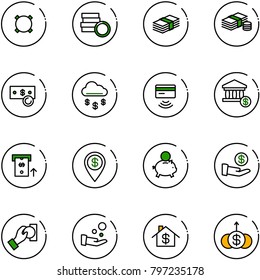 line vector icon set - currency vector, coin, dollar, cash, money rain, tap pay, account, atm, pin, piggy bank, investment, home, growth